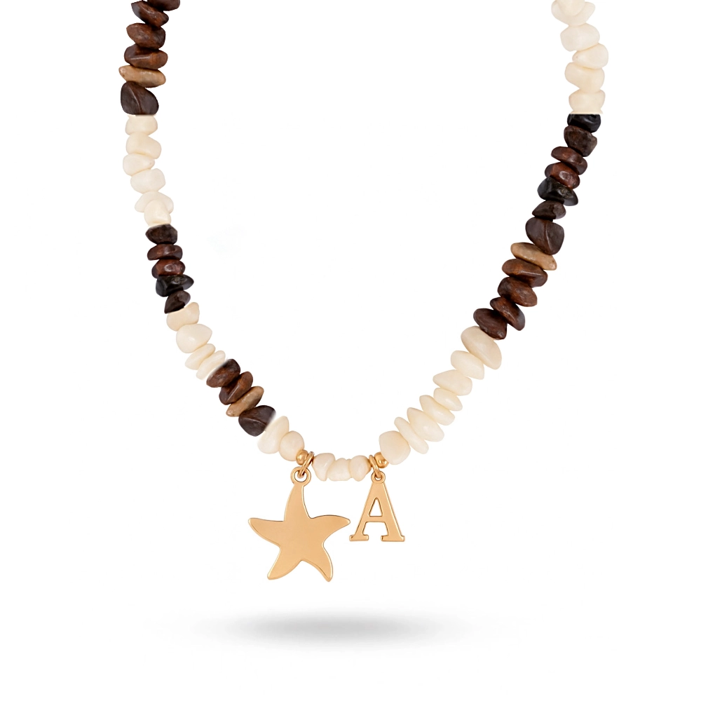 گردنبند حروف با آویز ستاره دریایی و صدف چیپسی کد 100138 گردنبند حروف با آویز ستاره دریایی و صدف چیپسی کد 100138
