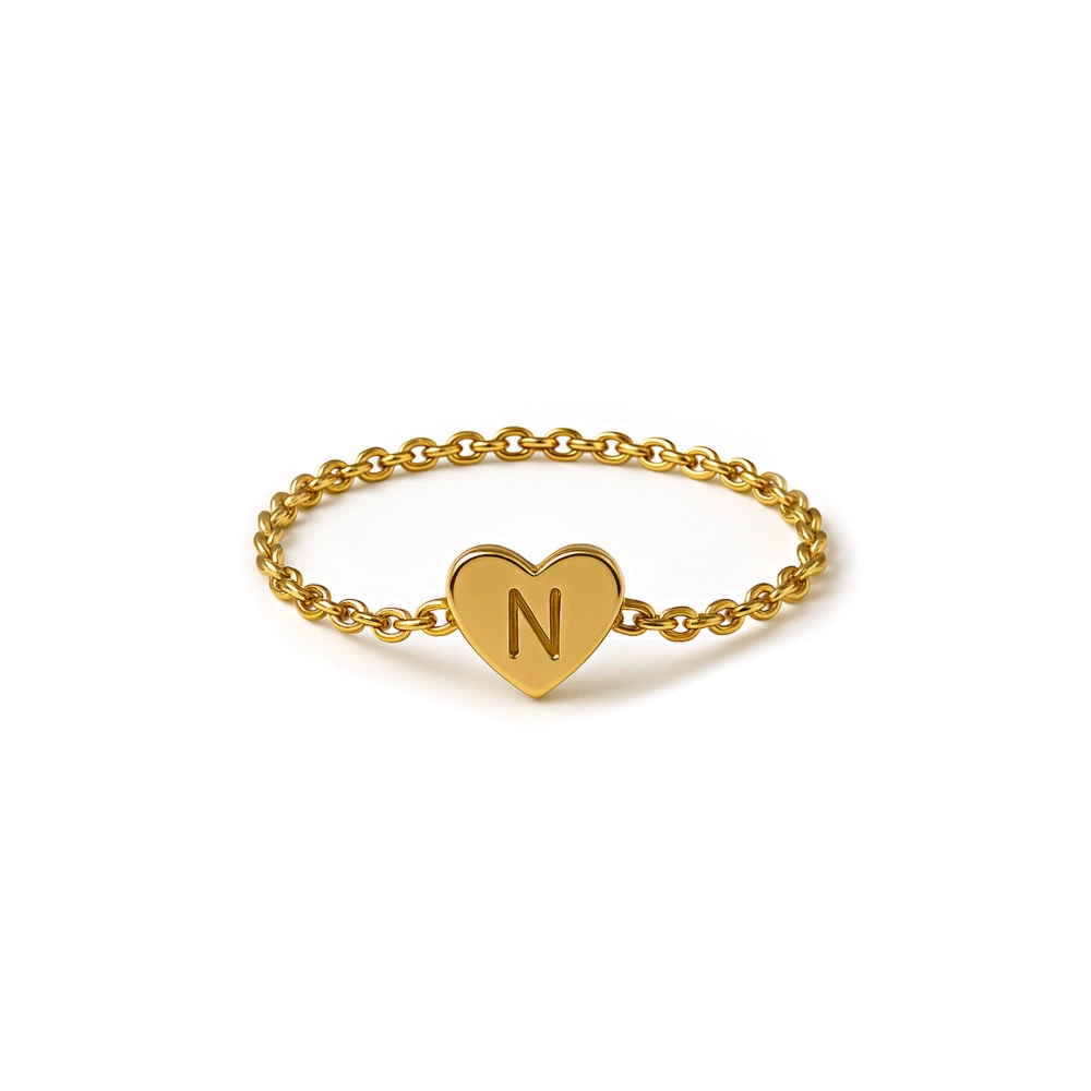 انگشتر زنجیری طلا با پلاک قلب و حرف دلخواه کد 100141 انگشتر زنجیری طلا با پلاک قلب و حرف دلخواه کد 100141