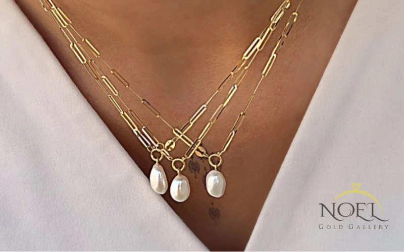 گردنبند هرمس با آویز مروارید باروک کد 100107